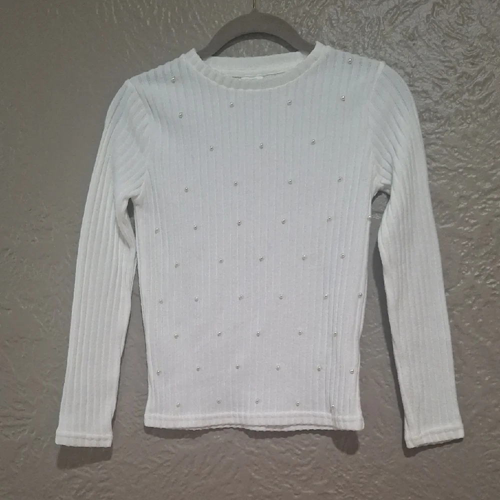 Zara White Ribbed Kids Sweater with Embellishments